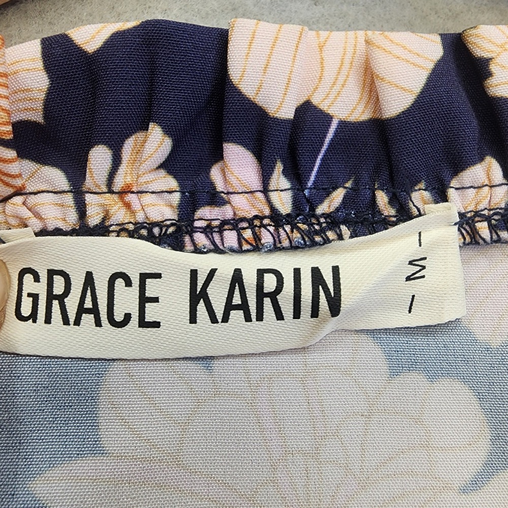 Grace Karin Floral Tiered Midi Dress Navy Blue Peach Flutter Sleeve Smocked‎ Med - Picture 2 of 12